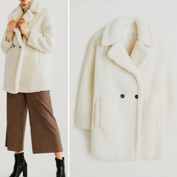 MANGO MNG Faux Sherling Double Breasted Oversized Teddy Jacket US Size XXXS NWOT - Picture 1 of 13